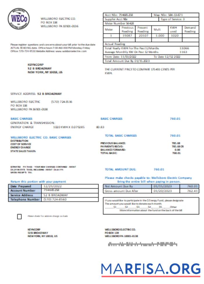 Blank Wellsboro Electric Co utility business bill, SCR real example